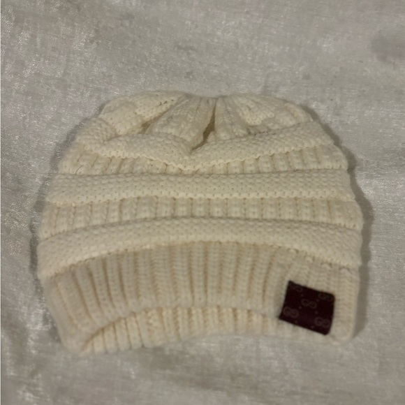 Cozy Cream Knit Beanie with up cycle patch ponytail beanie main image 5